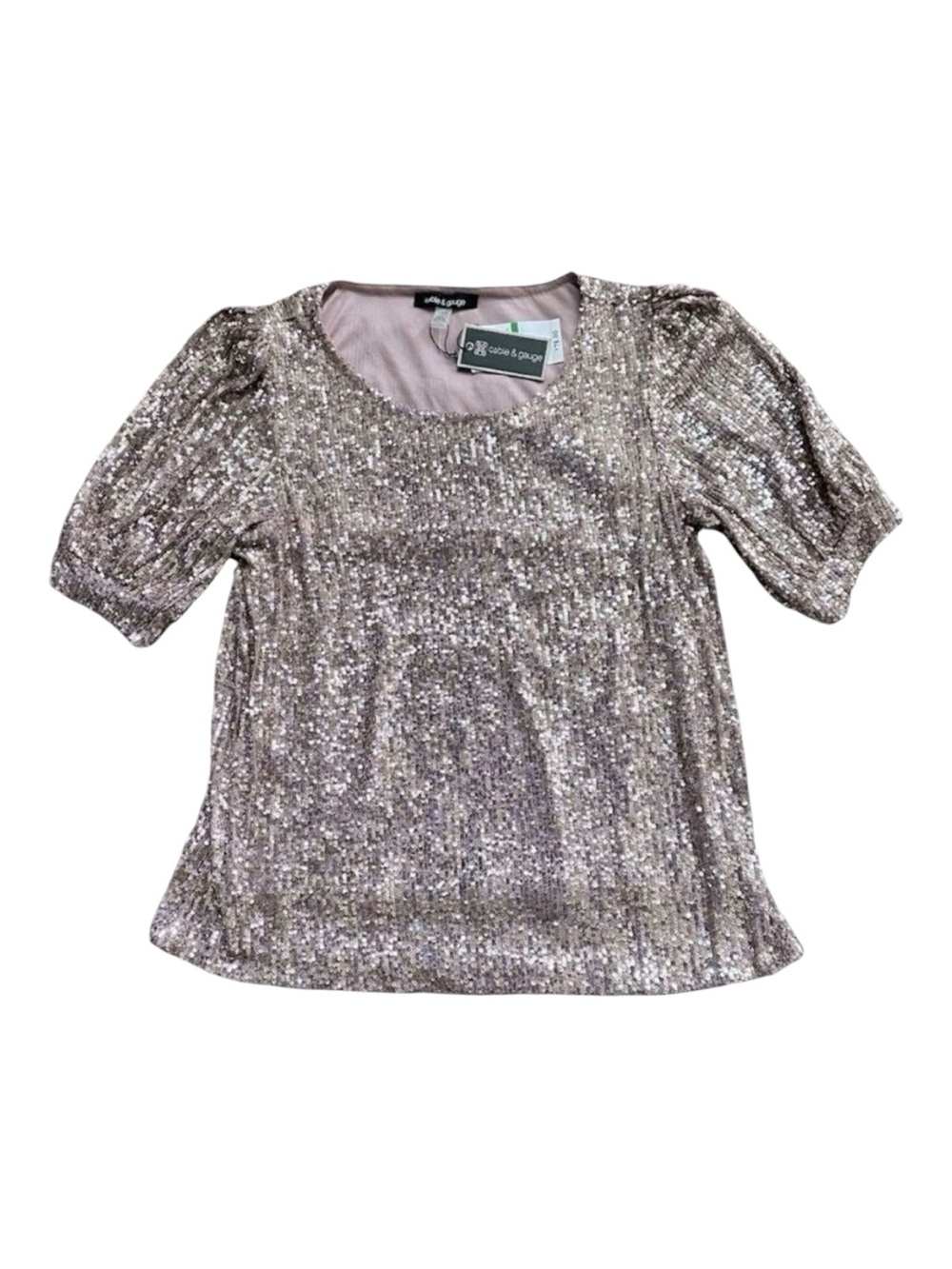 Cable & Gauge Roseyember Sequin Puff Sleeve Top Rose Gold L NWT